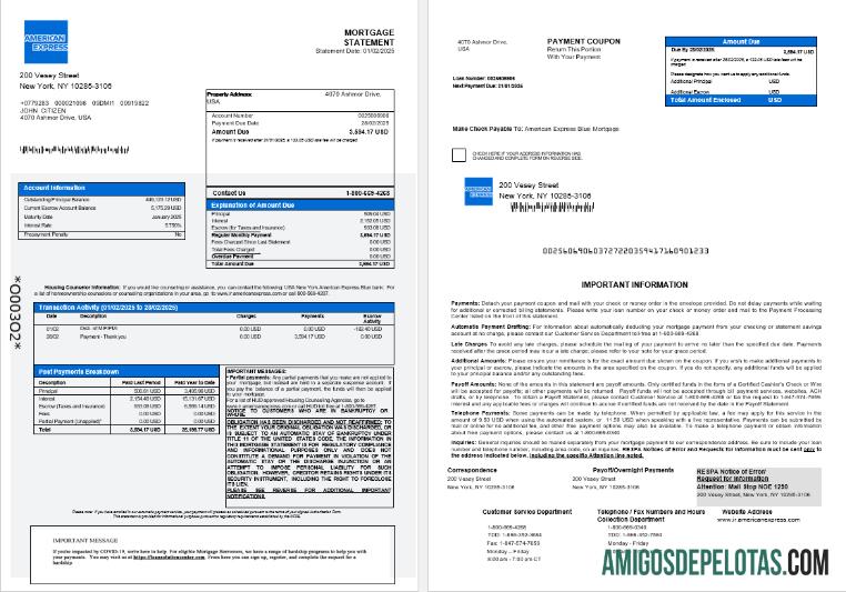 Extrato de hipoteca do American Express Blue Bank dos EUA, Nova York, em formatos Word e PDF 1 2 amostra